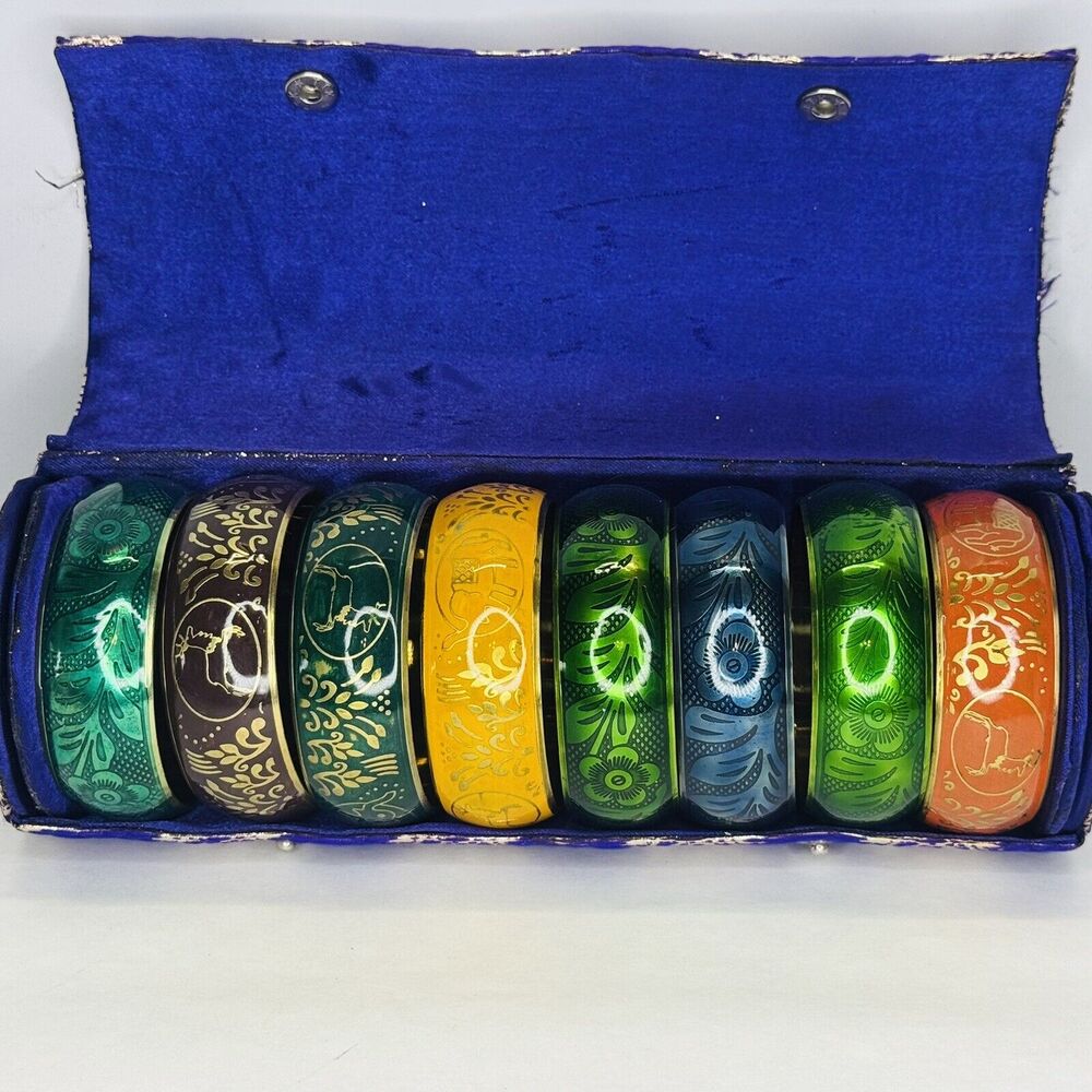 Floral Motif Bangle Bracelets Set of‎ 8 with Case Orange Yellow Blue Green Brown